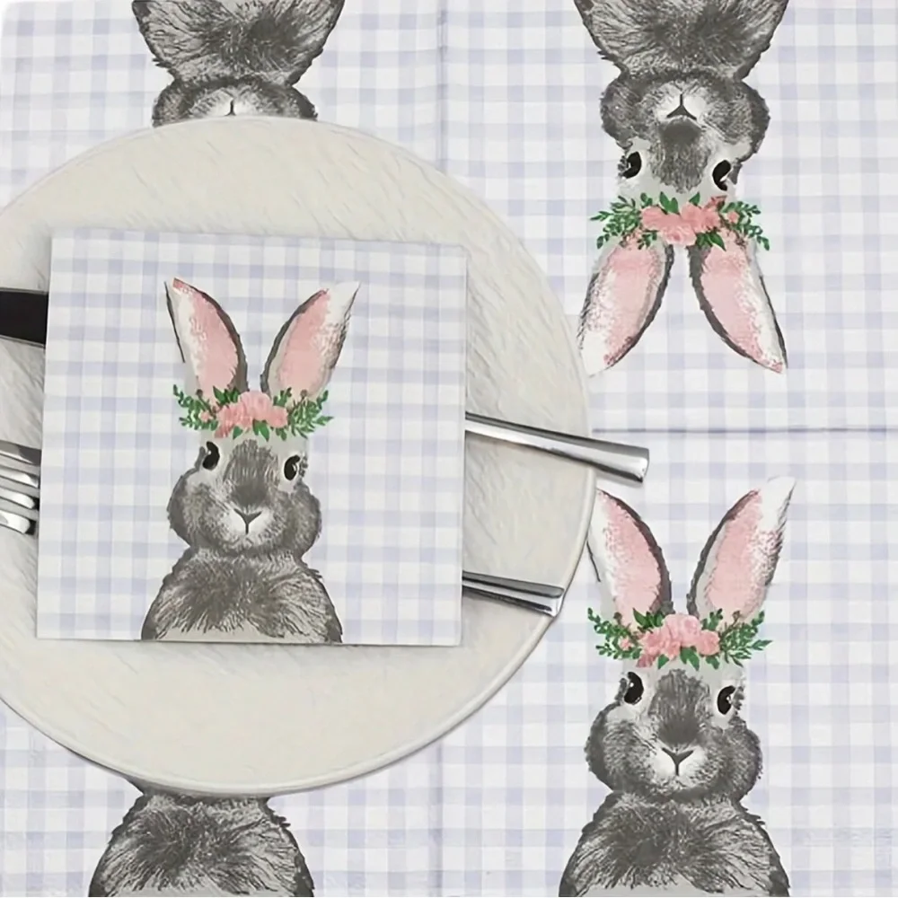 Set of Two (2) Individual Floral Crown Gingham Bunny Rabbit Decoupage Napkins